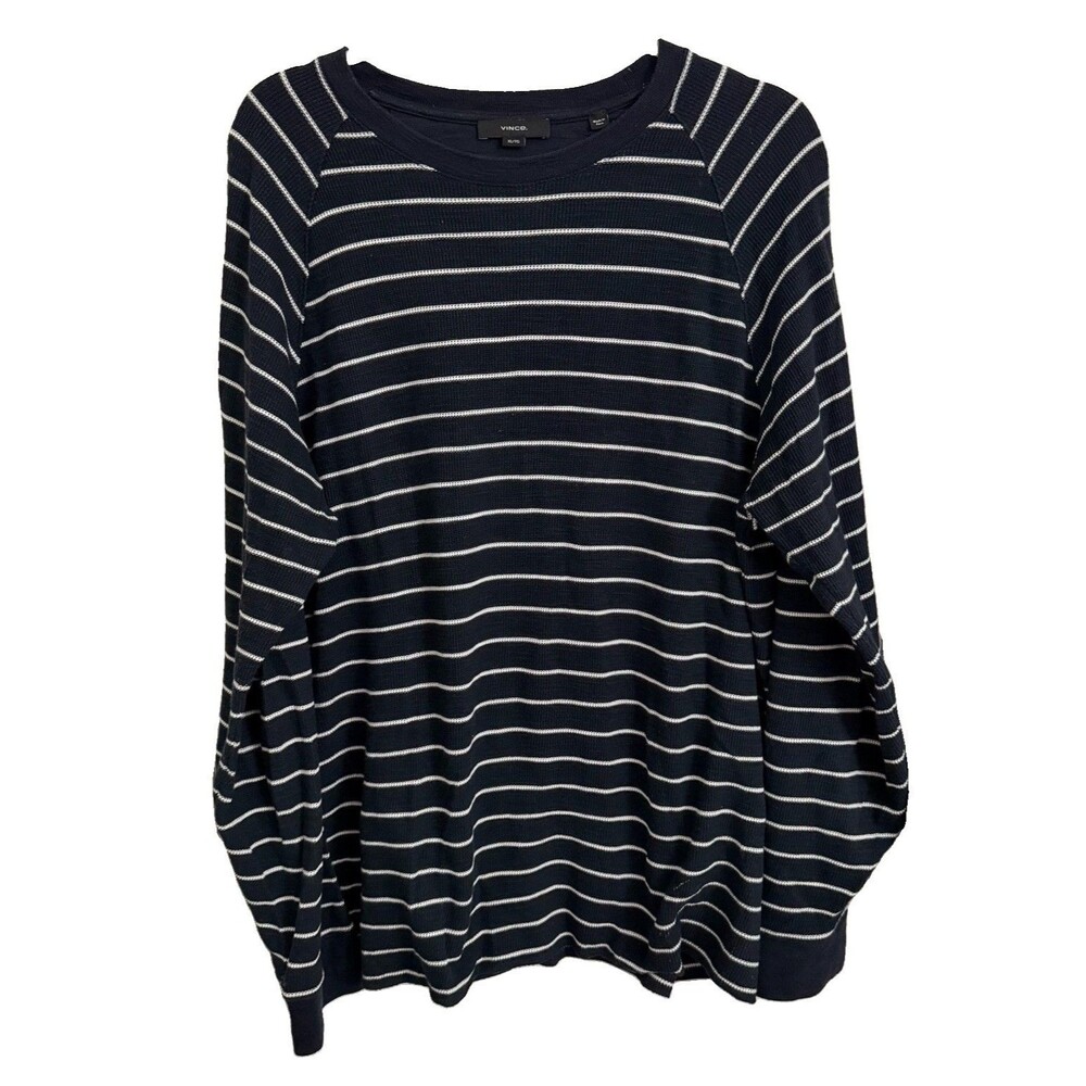 Vince Sweater Mens XL Dark Blue White Striped Pima Cotton Long Sleeve Crewneck
